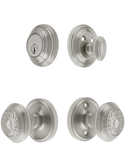Grandeur Georgetown Entry Door Set, Keyed Alike with Windsor Knobs in Satin Nickel.